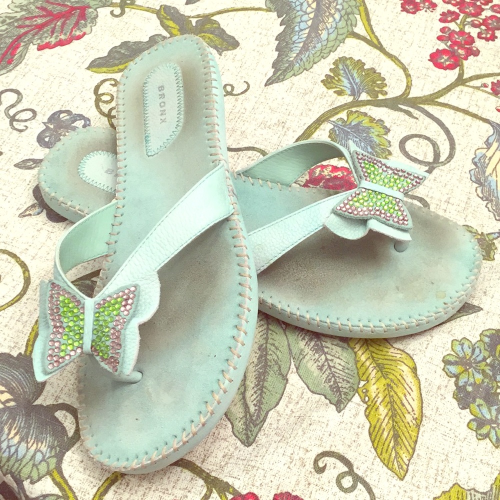 Mint Leather Rhinestone Butterfly Flip Flops - Picture 2 of 7